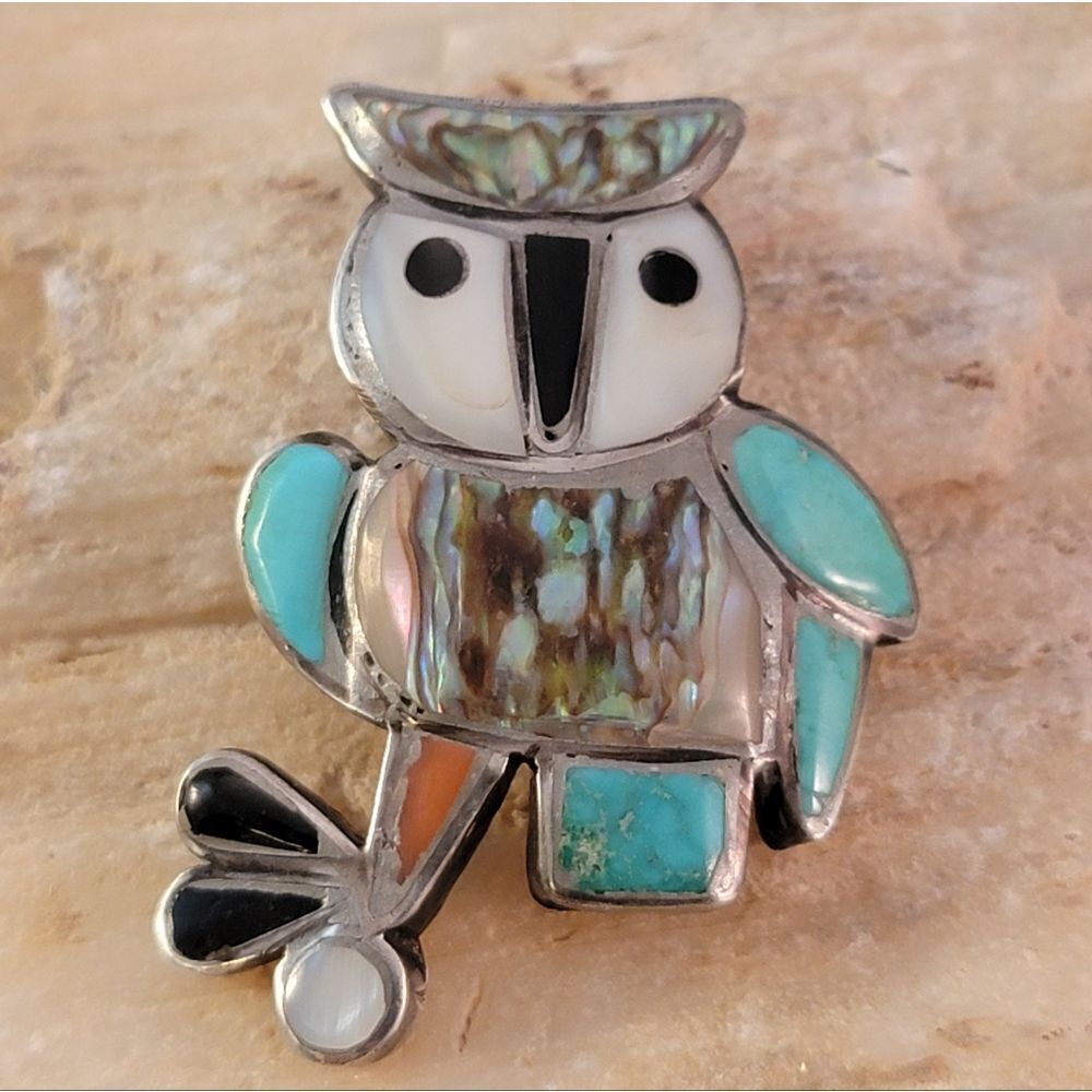 Old Pawn Zuni Sterling Owl Turquoise MOP Abalone Red Coral Brooch Pin
